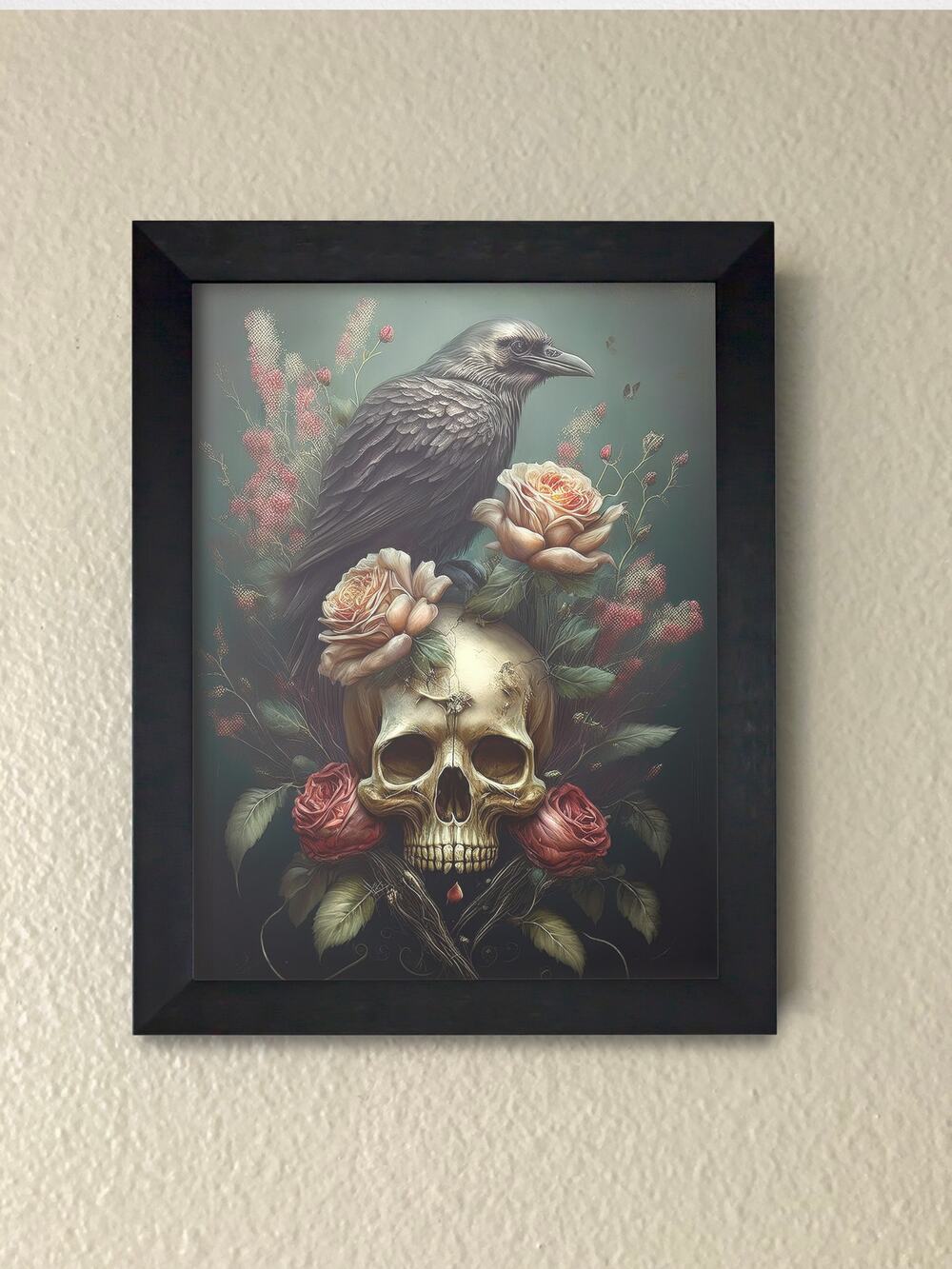 Framed Raven and Skull Wall Art Print – Dark Gothic Decor